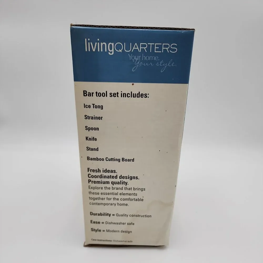 Vintage Living Quarters 6 piece  Bar‎ Tool Set Bamboo Board  Stainless steel